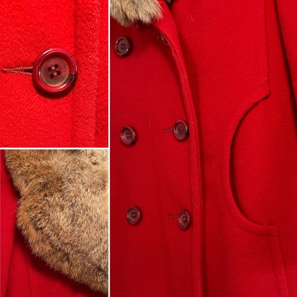 Vintage 50s 60s Red Wool Double Breasted Coat with Rabbit Fur Collar, xs / small - Picture 5 of 10
